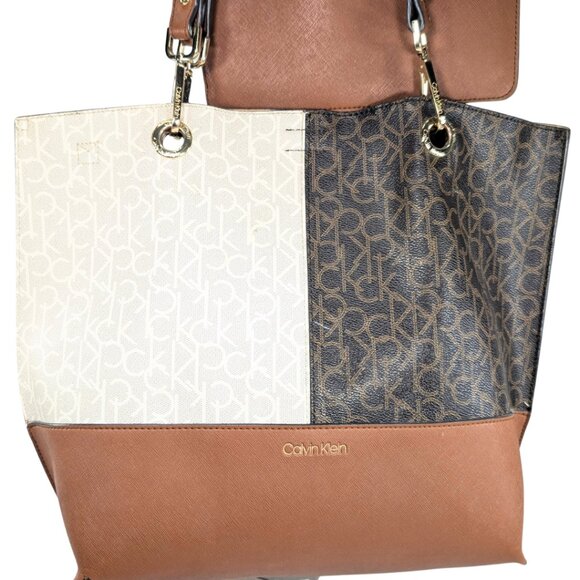 Calvin Klein Signature Sonoma Brown White Colorblock Tote w/Brow Zip Wristlet - Picture 2 of 10